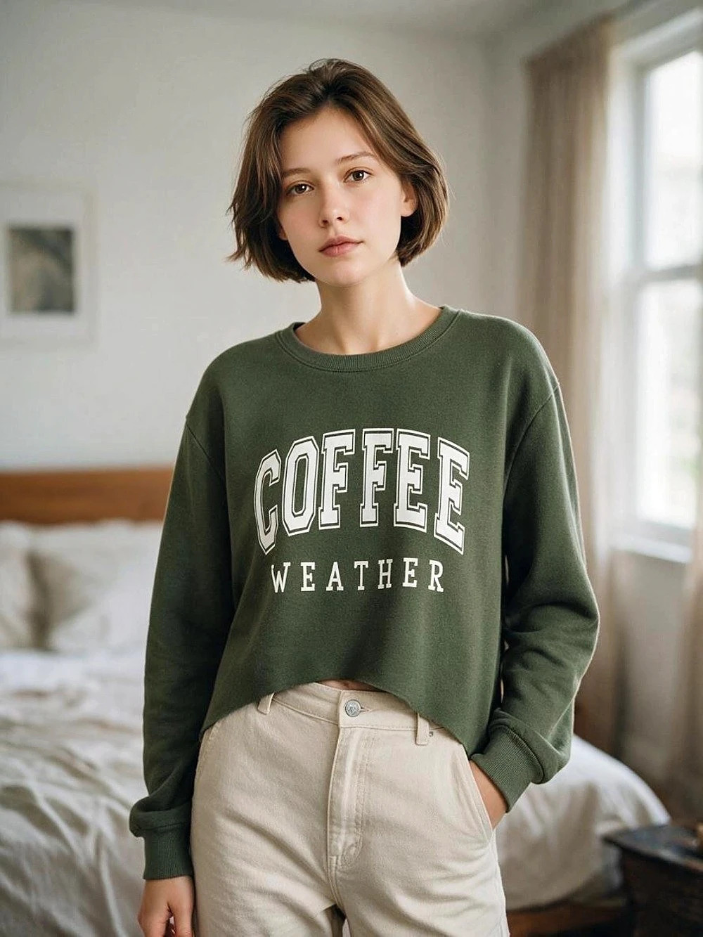 Green Graphic Cropped Sweatshirt M